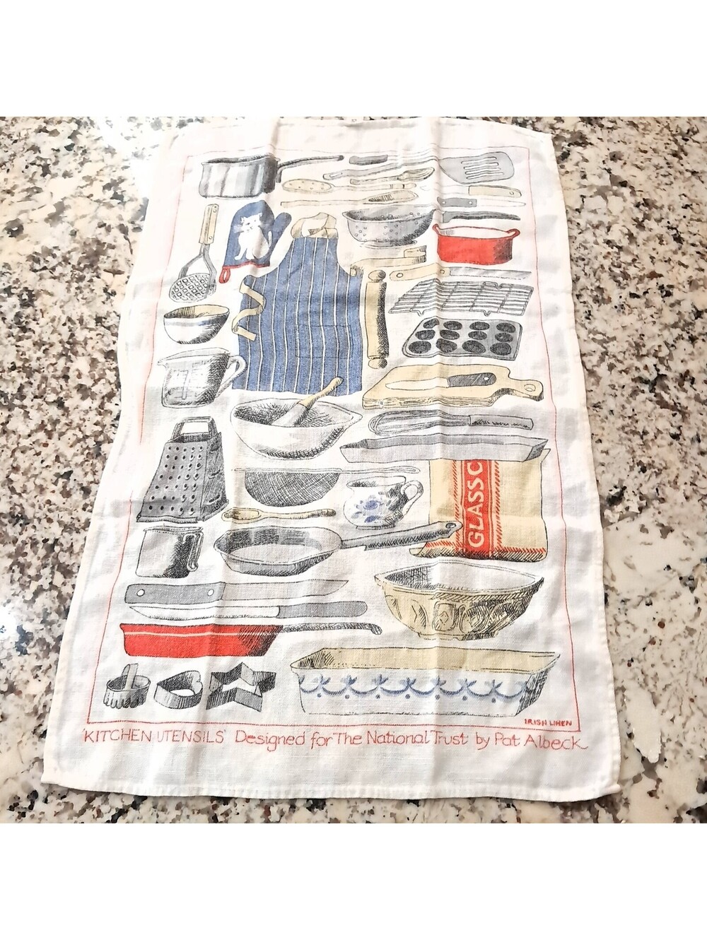 Vintage National Trust tea towel Kitchen Utensils Pat Albeck Irish linen cat